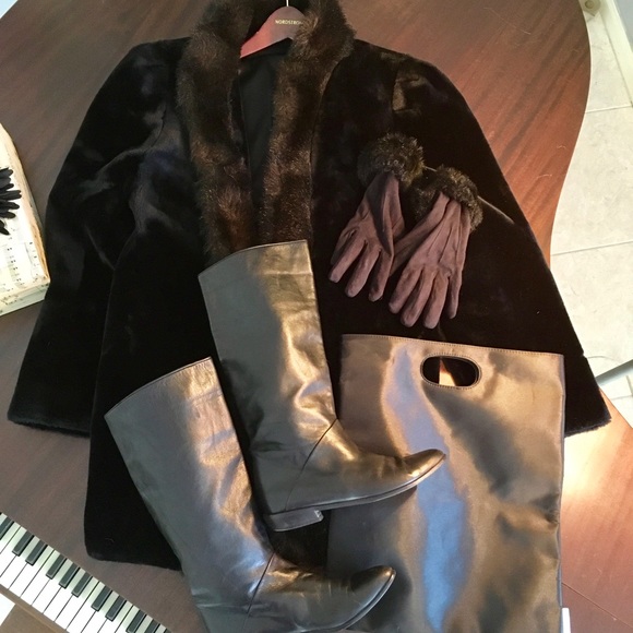 Jackets & Blazers - Bundle: faux fur coat, boots 7.5, gloves, tote